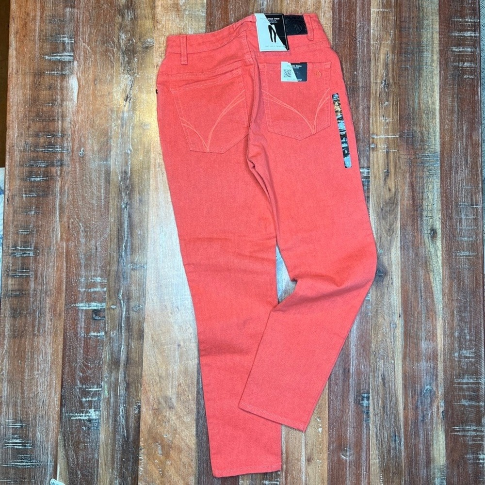 Volcom What The Twill Jeans Womens Size 3 Coral Red Blue Skinny Fit Stretch Pant - Picture 6 of 11